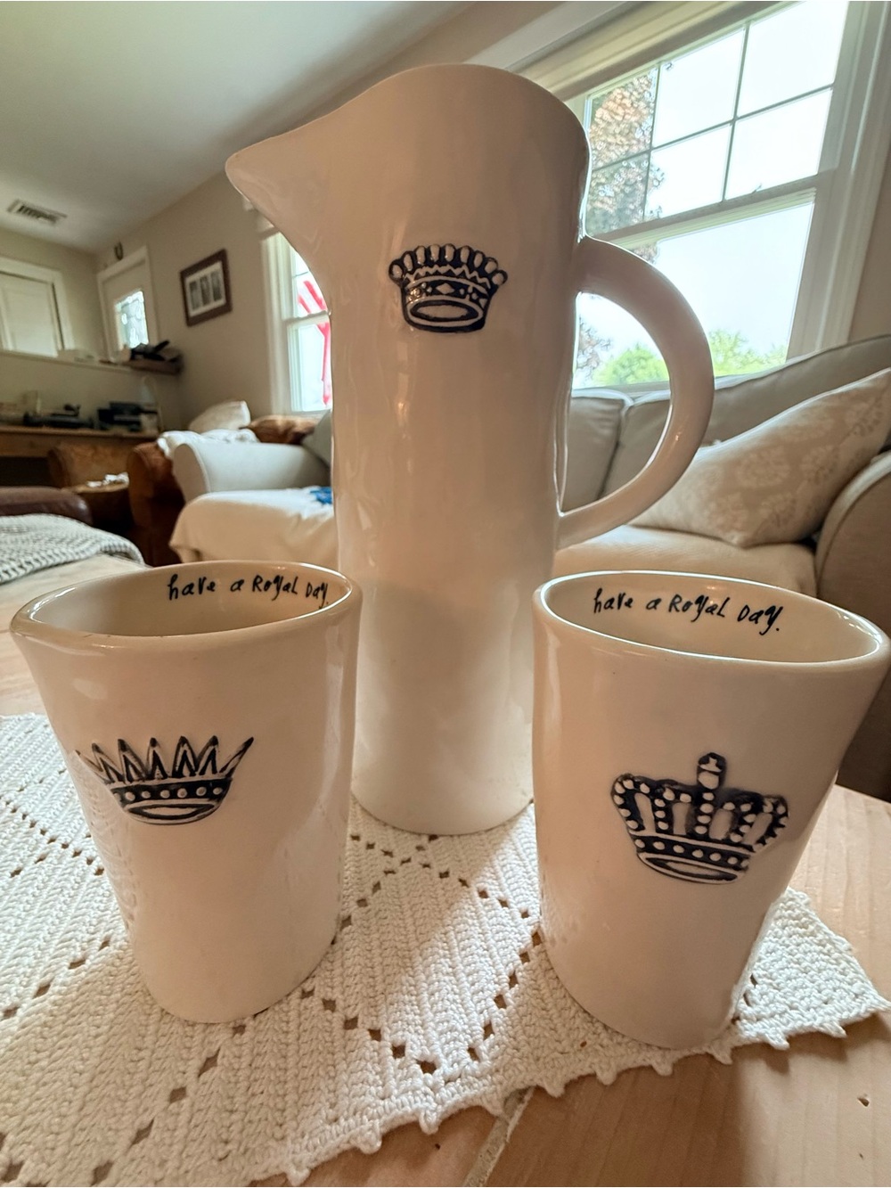 RARE Rae Dunn By Magenta Pitcher with 2 Tumblers; Have a Royal Day